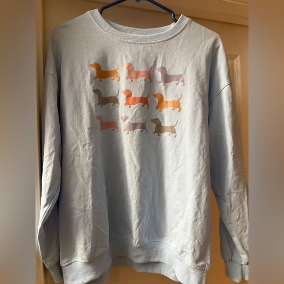 custom Tops - Light Blue Sweatshirt with Dachshund Print Women’s size Large Crew Neck